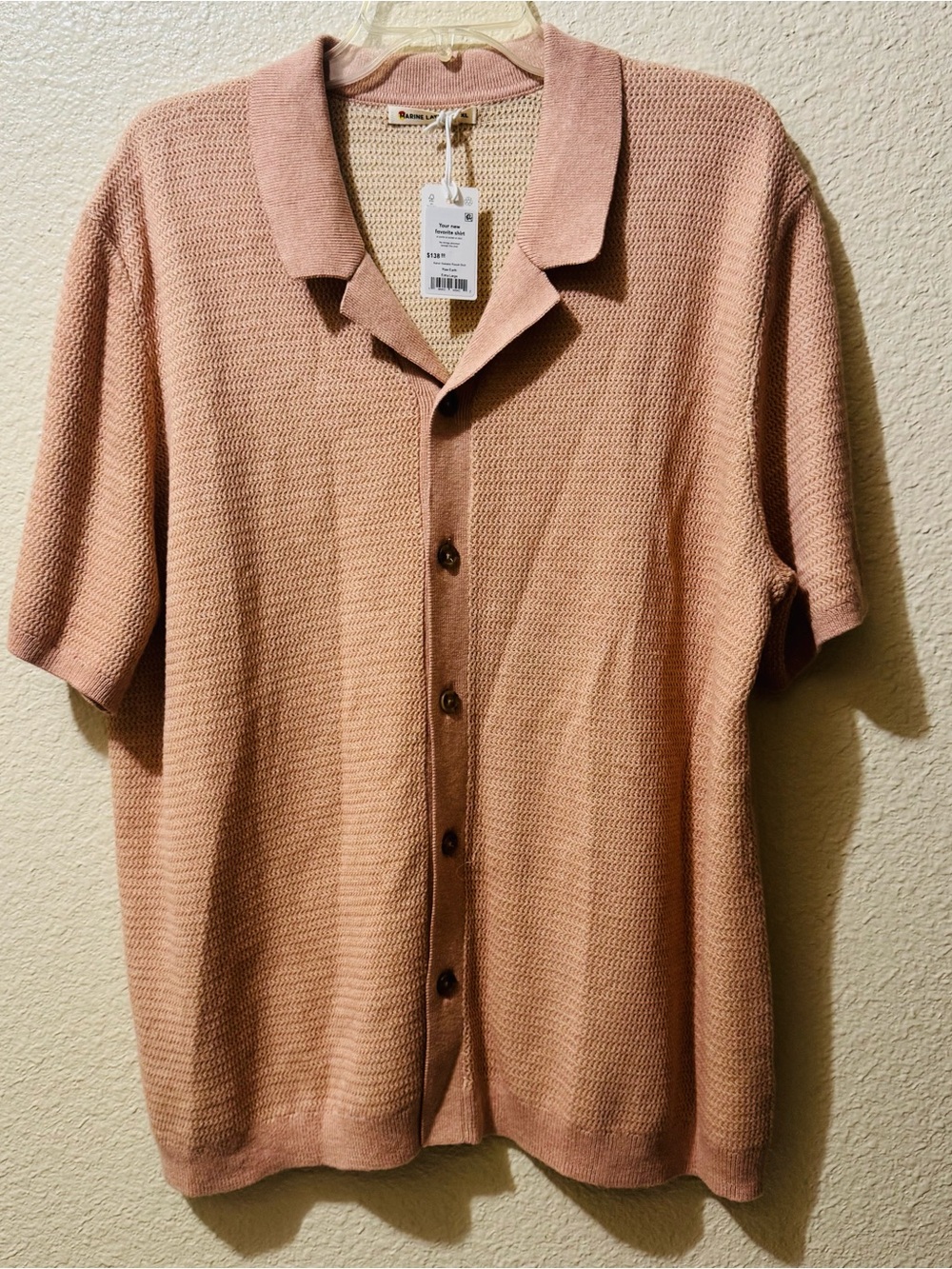 Marine Layer Asher Sweater Resort Short-Sleeve Knit Shirt in Dusty Pink XL
